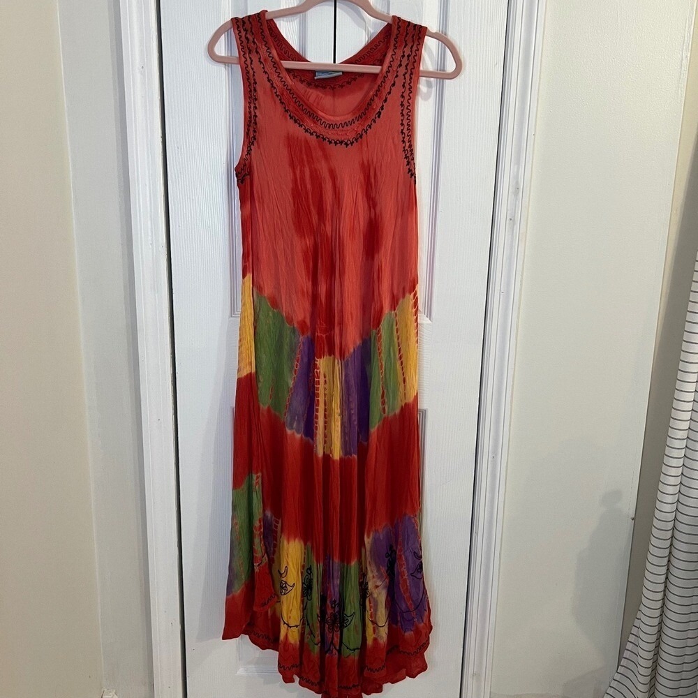 Vtg India‎ Boutique Maxi Dress Tie Dye Embroidered Sleeveless Casual Free Size